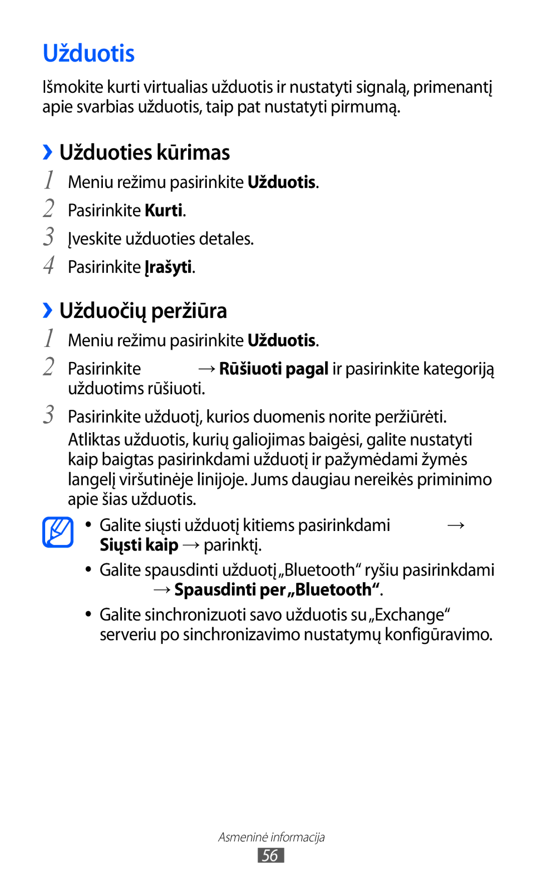 Samsung GT-C6712RWASEB, GT-C6712LKASEB manual Užduotis, ››Užduoties kūrimas, Užduočių peržiūra, Siųsti kaip → parinktį 