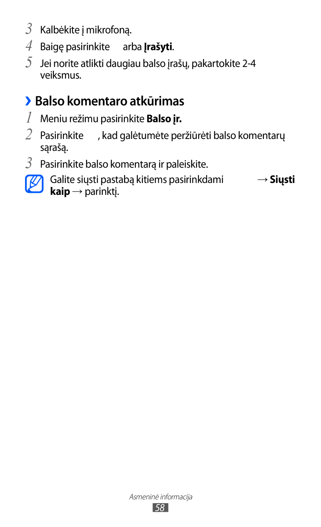 Samsung GT-C6712RWASEB, GT-C6712LKASEB manual Balso komentaro atkūrimas, Meniu režimu pasirinkite Balso įr 