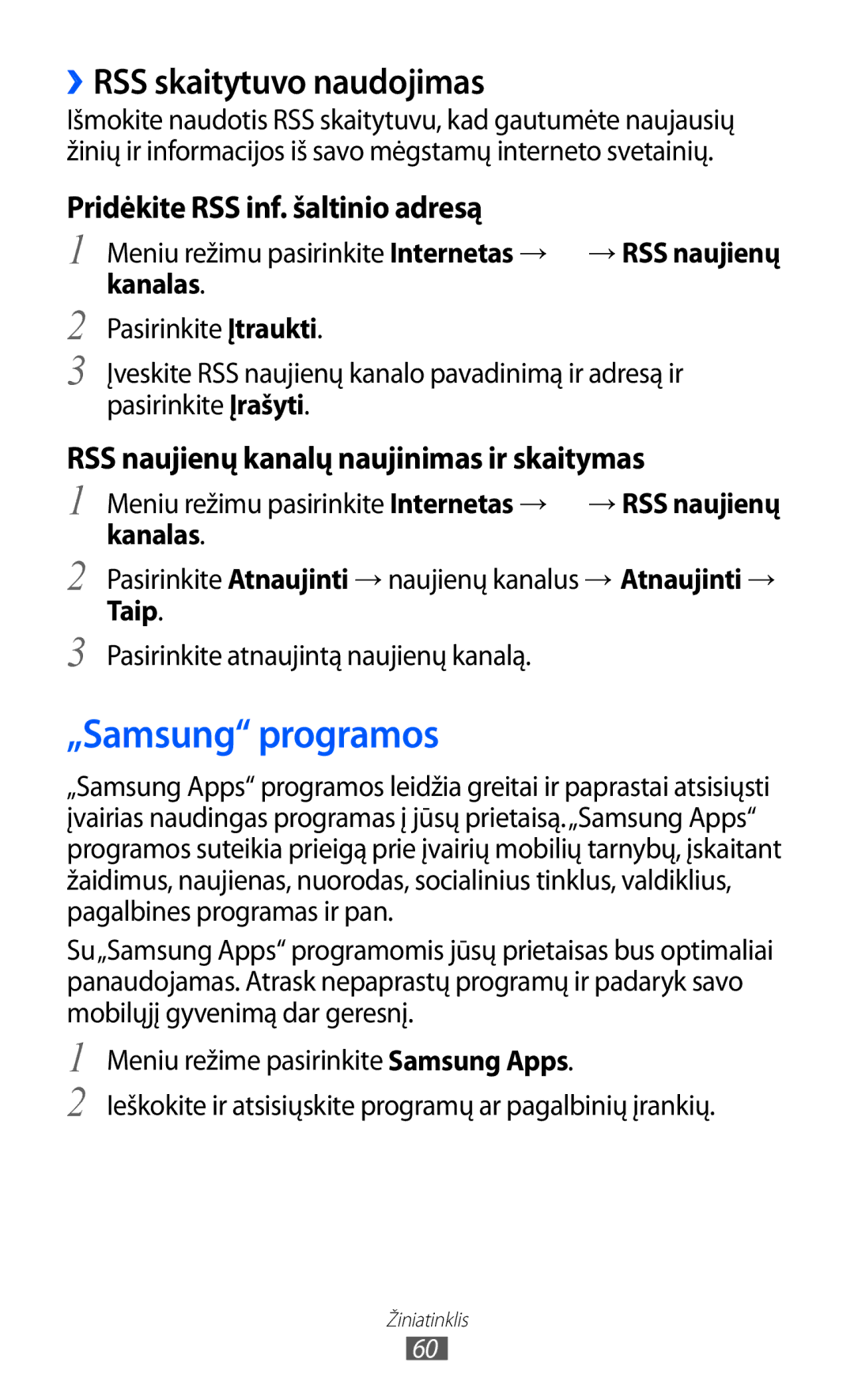 Samsung GT-C6712RWASEB, GT-C6712LKASEB manual „Samsung programos, ››RSS skaitytuvo naudojimas, Kanalas, Taip 