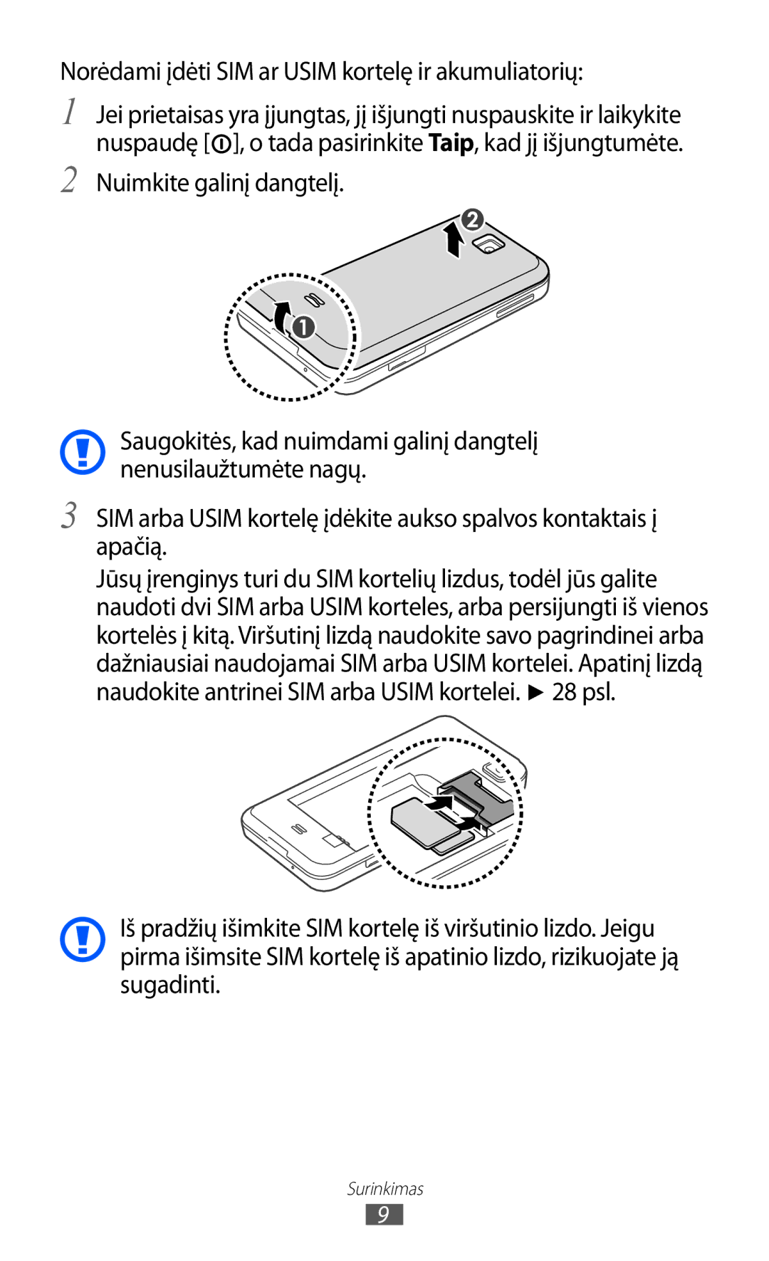 Samsung GT-C6712LKASEB, GT-C6712RWASEB manual Norėdami įdėti SIM ar Usim kortelę ir akumuliatorių 