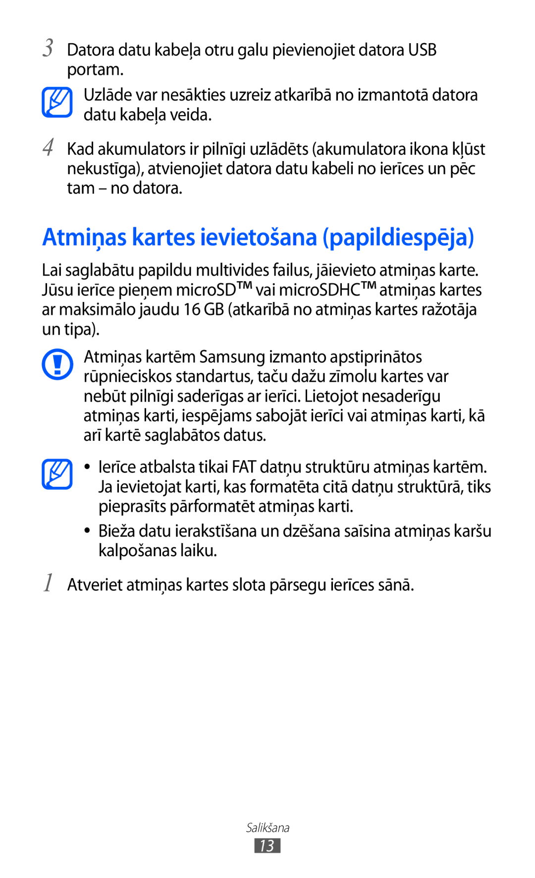 Samsung GT-C6712LKASEB, GT-C6712RWASEB manual Atmiņas kartes ievietošana papildiespēja 