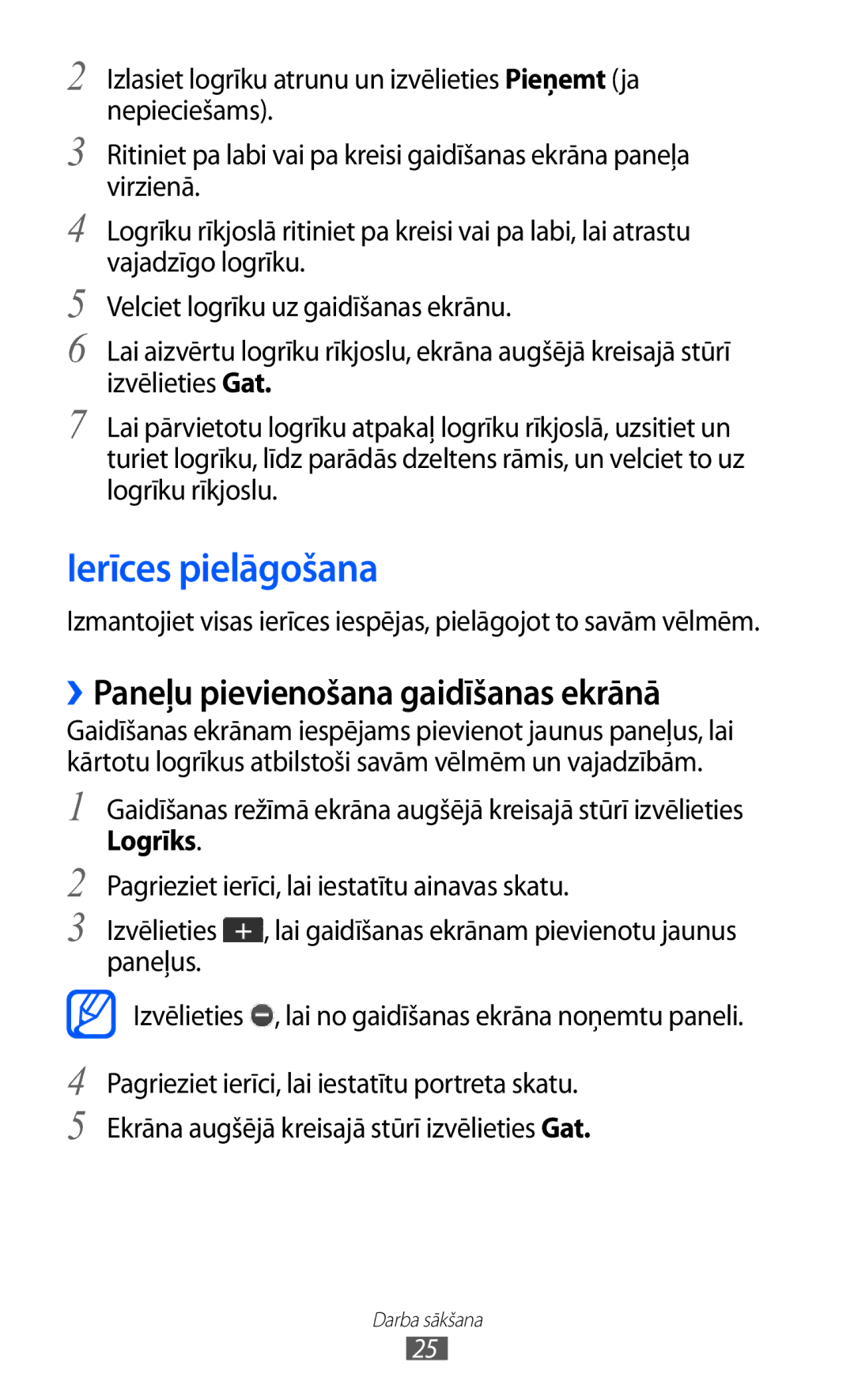 Samsung GT-C6712LKASEB, GT-C6712RWASEB manual Ierīces pielāgošana, ››Paneļu pievienošana gaidīšanas ekrānā, Logrīks 