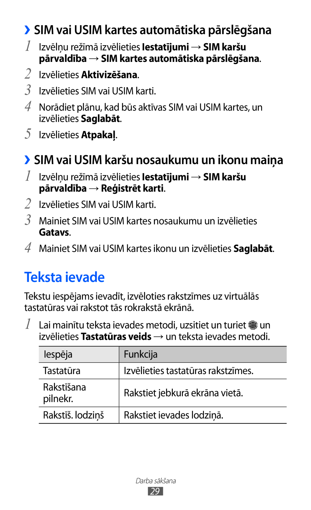 Samsung GT-C6712LKASEB, GT-C6712RWASEB manual Teksta ievade, ››SIM vai Usim karšu nosaukumu un ikonu maiņa, Gatavs 