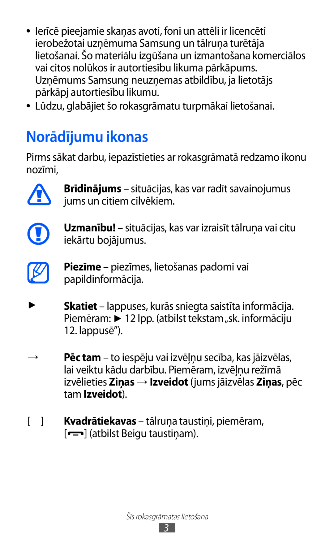 Samsung GT-C6712LKASEB, GT-C6712RWASEB manual Norādījumu ikonas, Atbilst Beigu taustiņam 