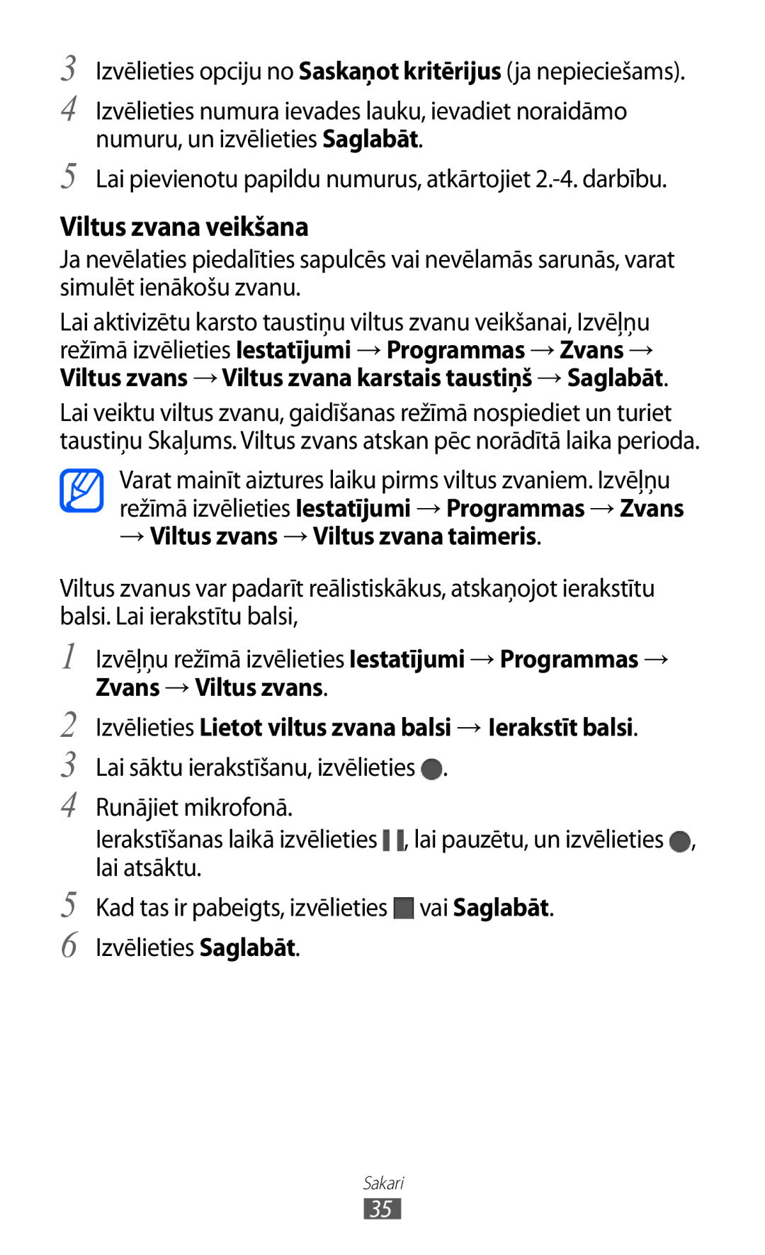 Samsung GT-C6712LKASEB, GT-C6712RWASEB manual Viltus zvana veikšana, → Viltus zvans → Viltus zvana taimeris 