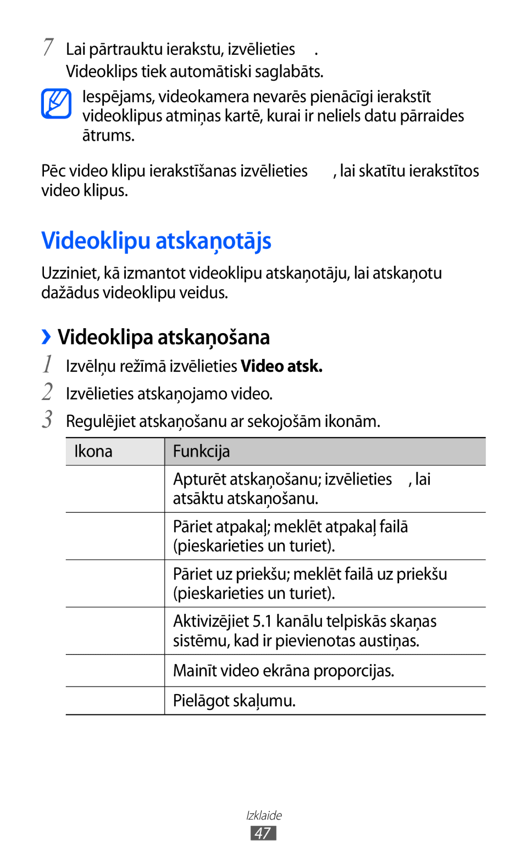 Samsung GT-C6712LKASEB, GT-C6712RWASEB manual Videoklipu atskaņotājs, ››Videoklipa atskaņošana 