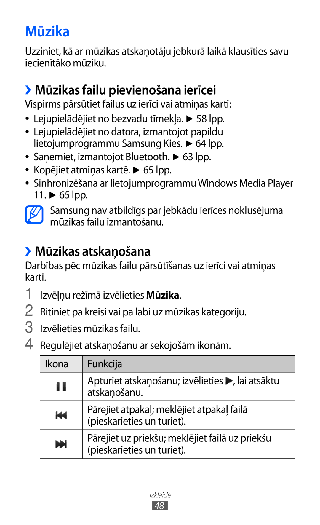 Samsung GT-C6712RWASEB, GT-C6712LKASEB manual ››Mūzikas failu pievienošana ierīcei, ››Mūzikas atskaņošana, Atskaņošanu 