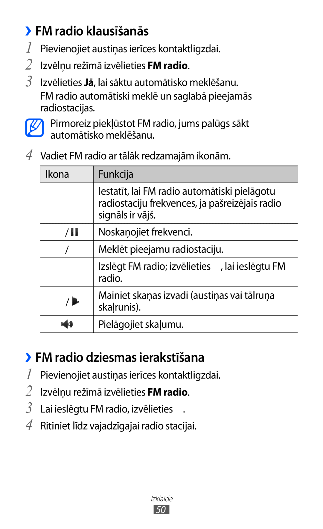 Samsung GT-C6712RWASEB, GT-C6712LKASEB manual ››FM radio klausīšanās, ››FM radio dziesmas ierakstīšana 