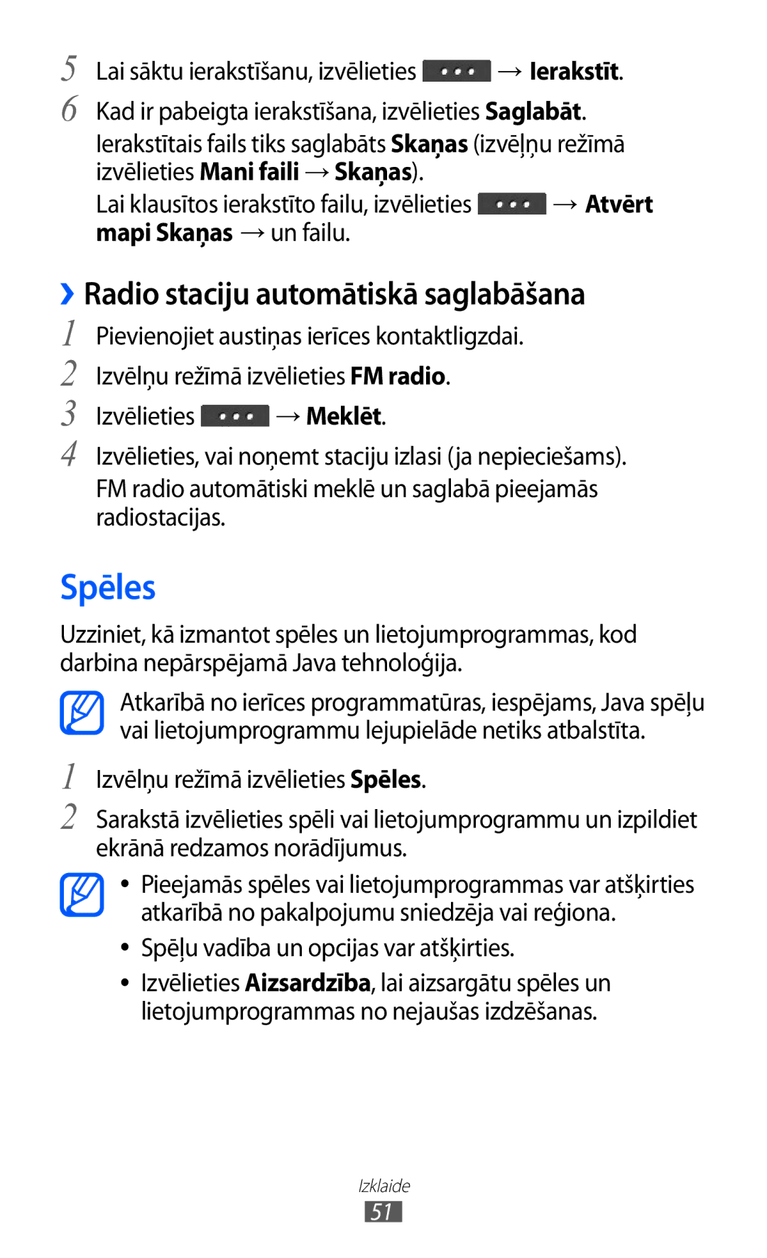 Samsung GT-C6712LKASEB manual Spēles, ››Radio staciju automātiskā saglabāšana, Spēļu vadība un opcijas var atšķirties 