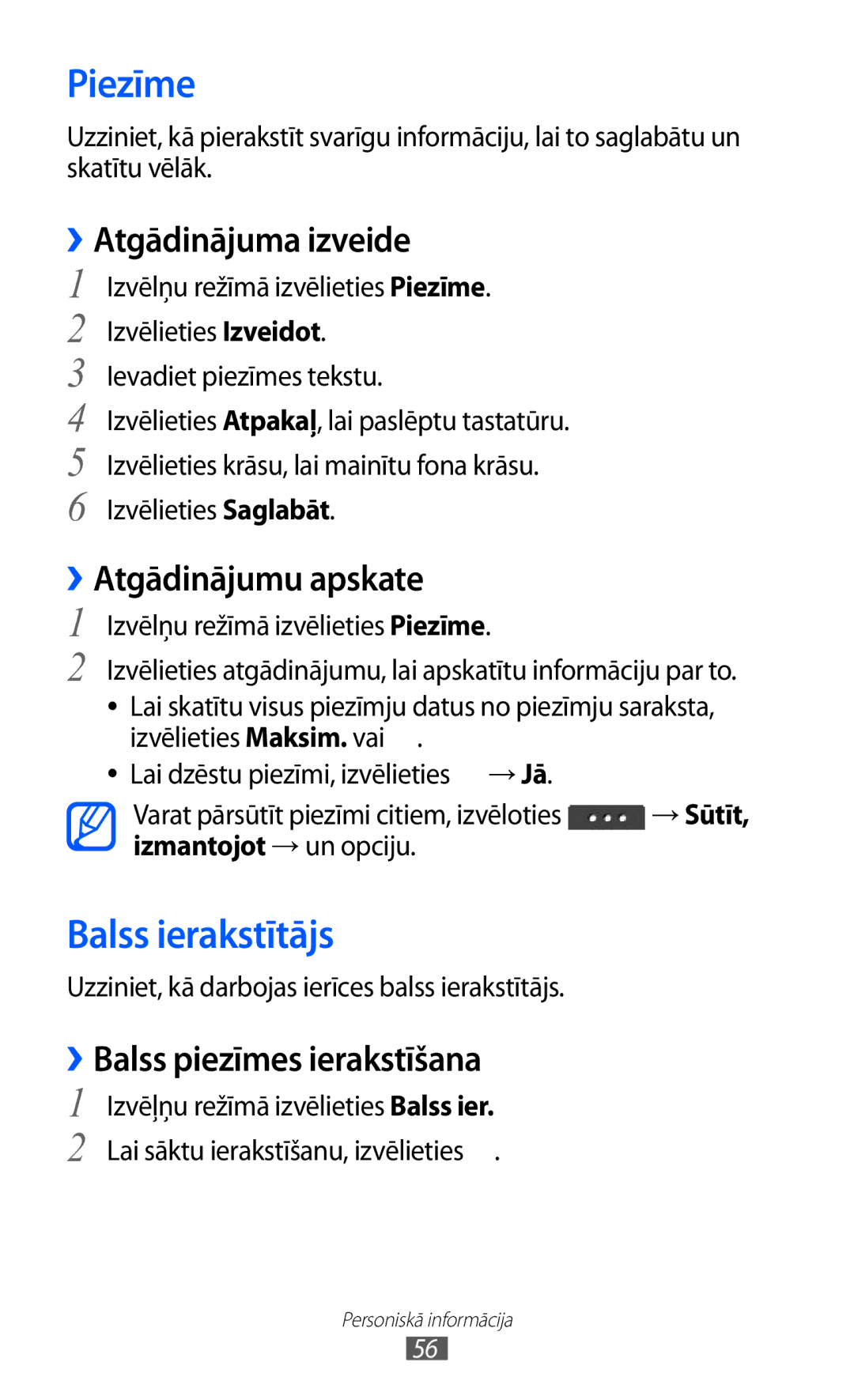 Samsung GT-C6712RWASEB, GT-C6712LKASEB manual Piezīme, Balss ierakstītājs, ››Atgādinājuma izveide, ››Atgādinājumu apskate 