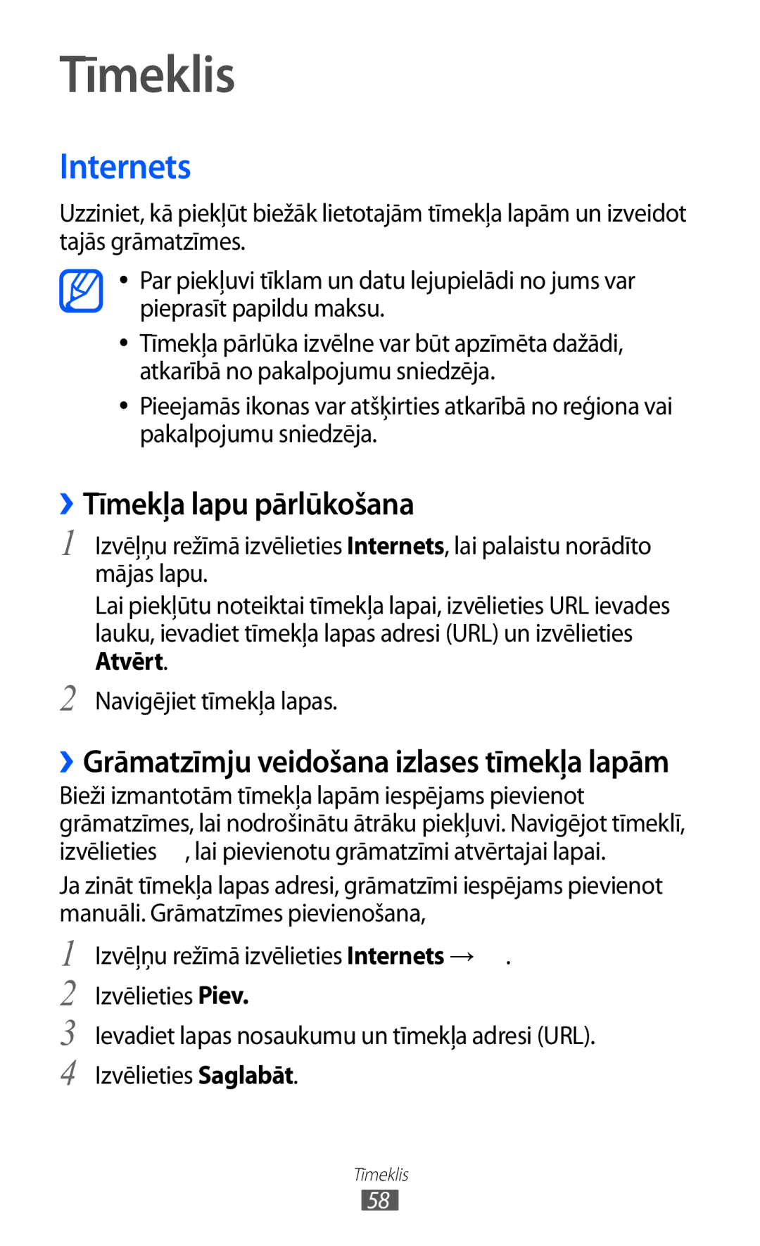 Samsung GT-C6712RWASEB, GT-C6712LKASEB manual Tīmeklis, Internets, ››Tīmekļa lapu pārlūkošana 