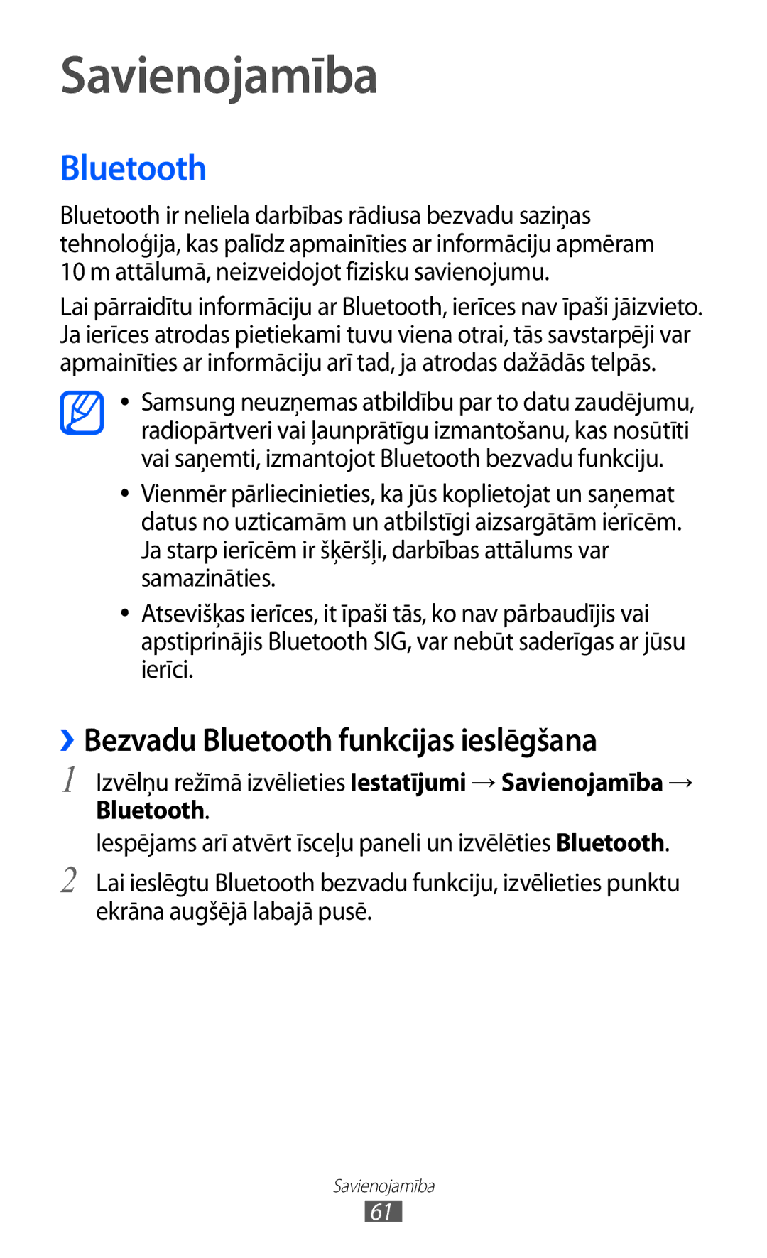 Samsung GT-C6712LKASEB, GT-C6712RWASEB manual Savienojamība, ››Bezvadu Bluetooth funkcijas ieslēgšana 