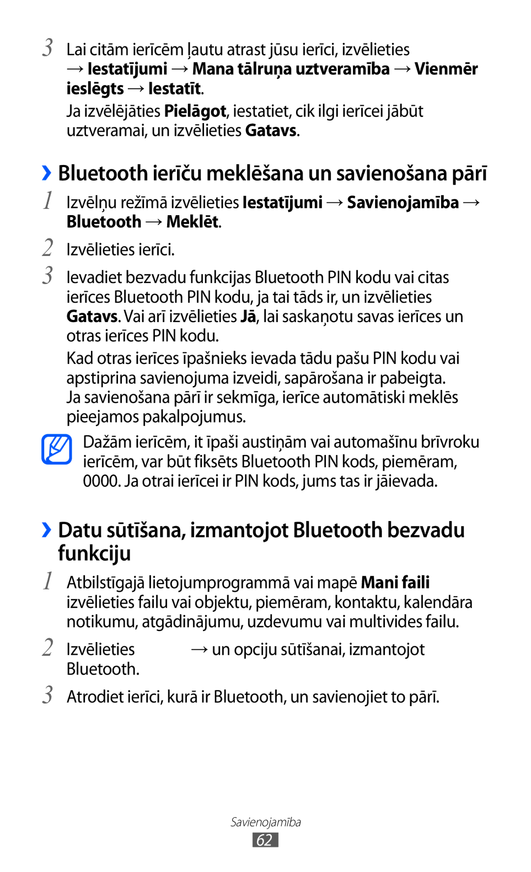 Samsung GT-C6712RWASEB, GT-C6712LKASEB manual ››Datu sūtīšana, izmantojot Bluetooth bezvadu funkciju, Bluetooth → Meklēt 