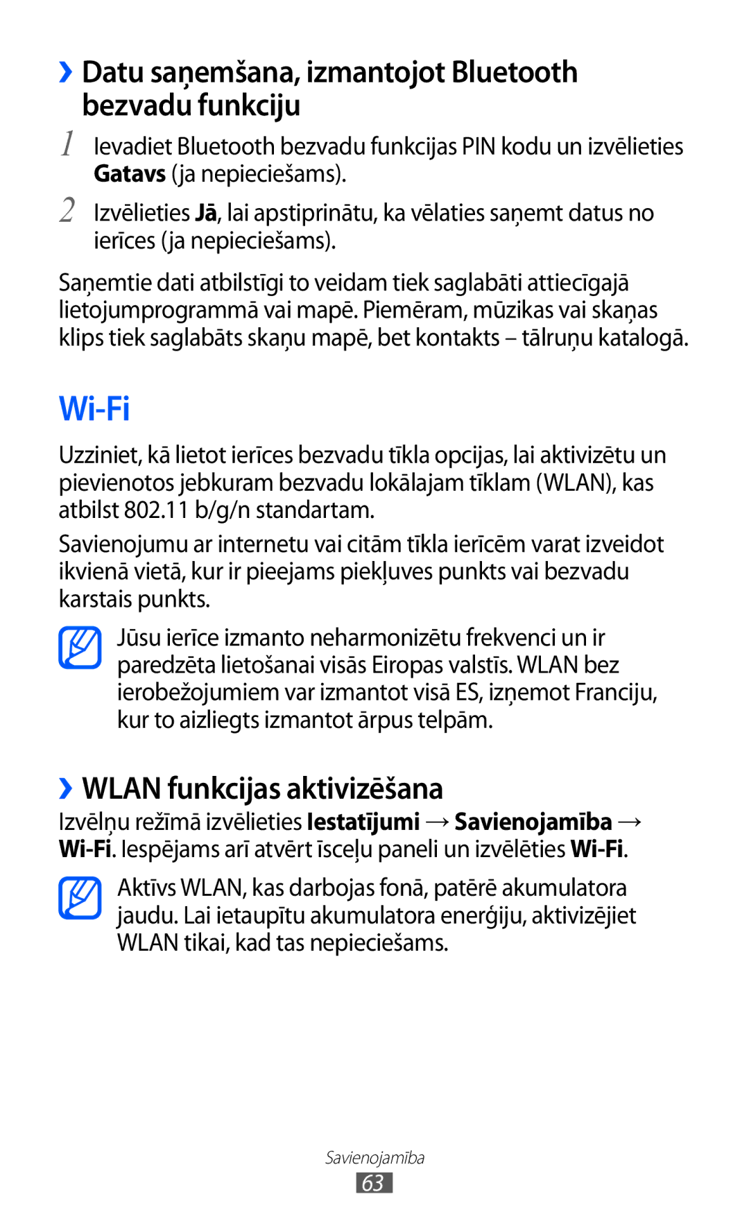 Samsung GT-C6712LKASEB manual Wi-Fi, ››Datu saņemšana, izmantojot Bluetooth bezvadu funkciju, ››WLAN funkcijas aktivizēšana 