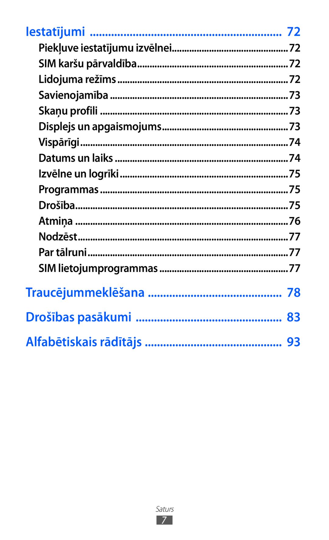 Samsung GT-C6712LKASEB, GT-C6712RWASEB manual Traucējummeklēšana Drošības pasākumi Alfabētiskais rādītājs 