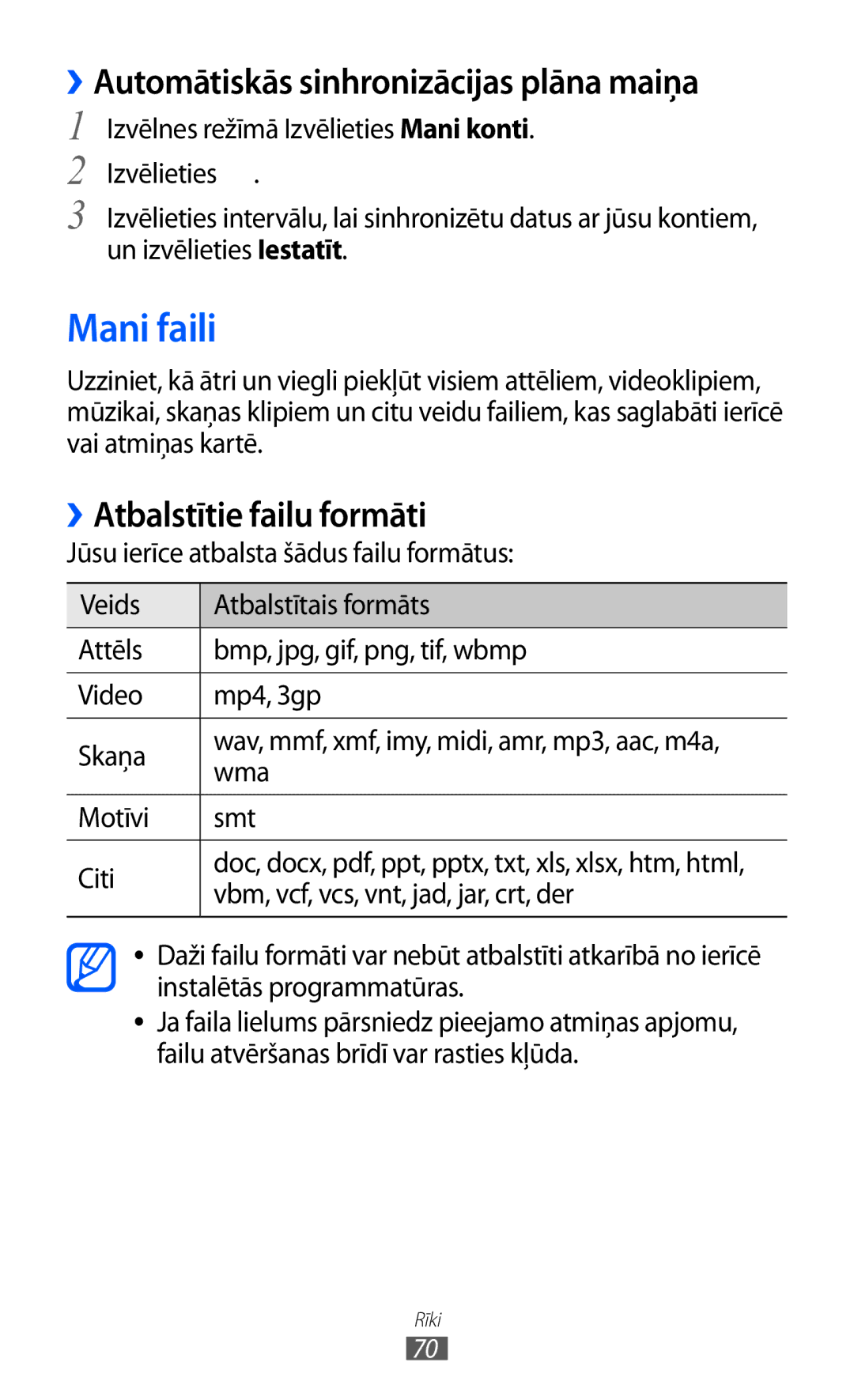 Samsung GT-C6712RWASEB manual Mani faili, ››Automātiskās sinhronizācijas plāna maiņa, ››Atbalstītie failu formāti, Wma 