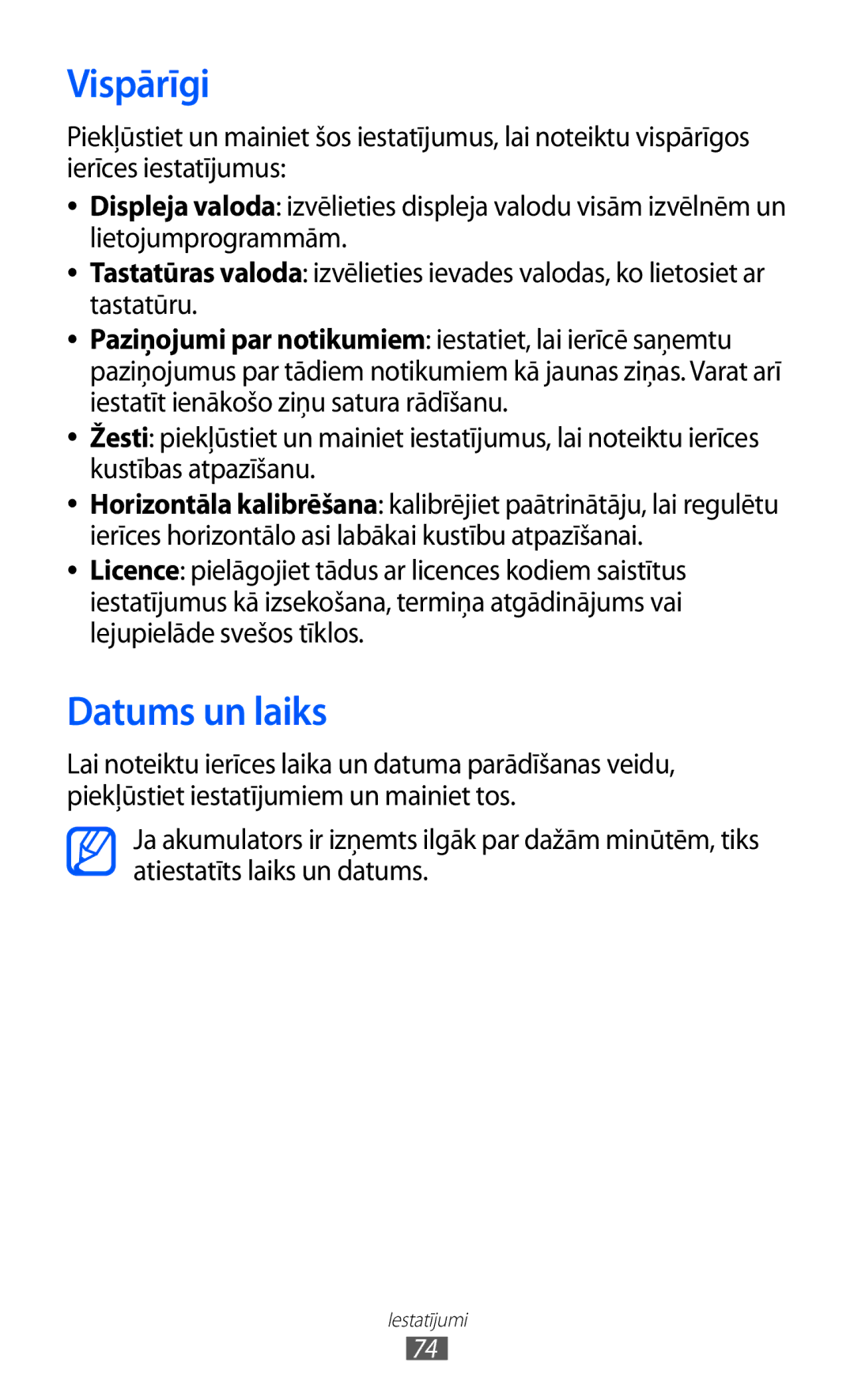 Samsung GT-C6712RWASEB, GT-C6712LKASEB manual Vispārīgi, Datums un laiks 