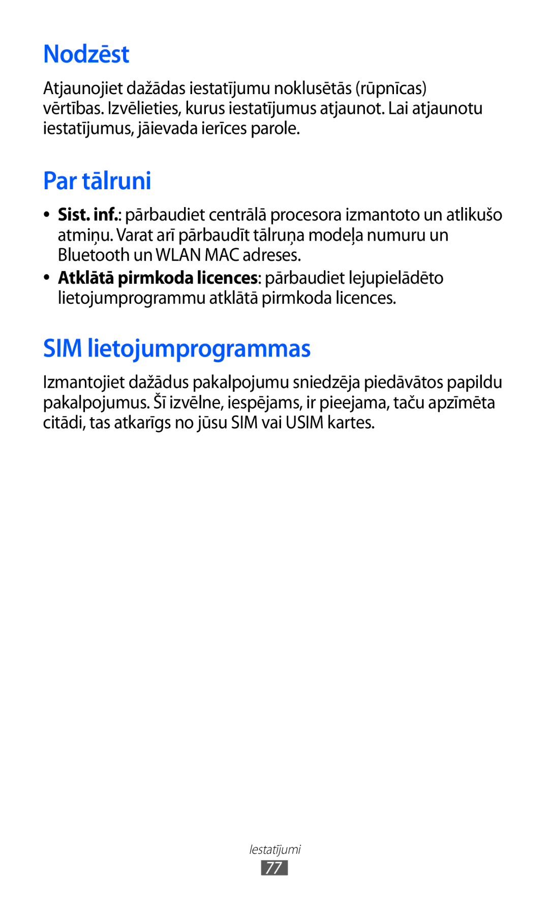 Samsung GT-C6712LKASEB, GT-C6712RWASEB manual Nodzēst, Par tālruni, SIM lietojumprogrammas 