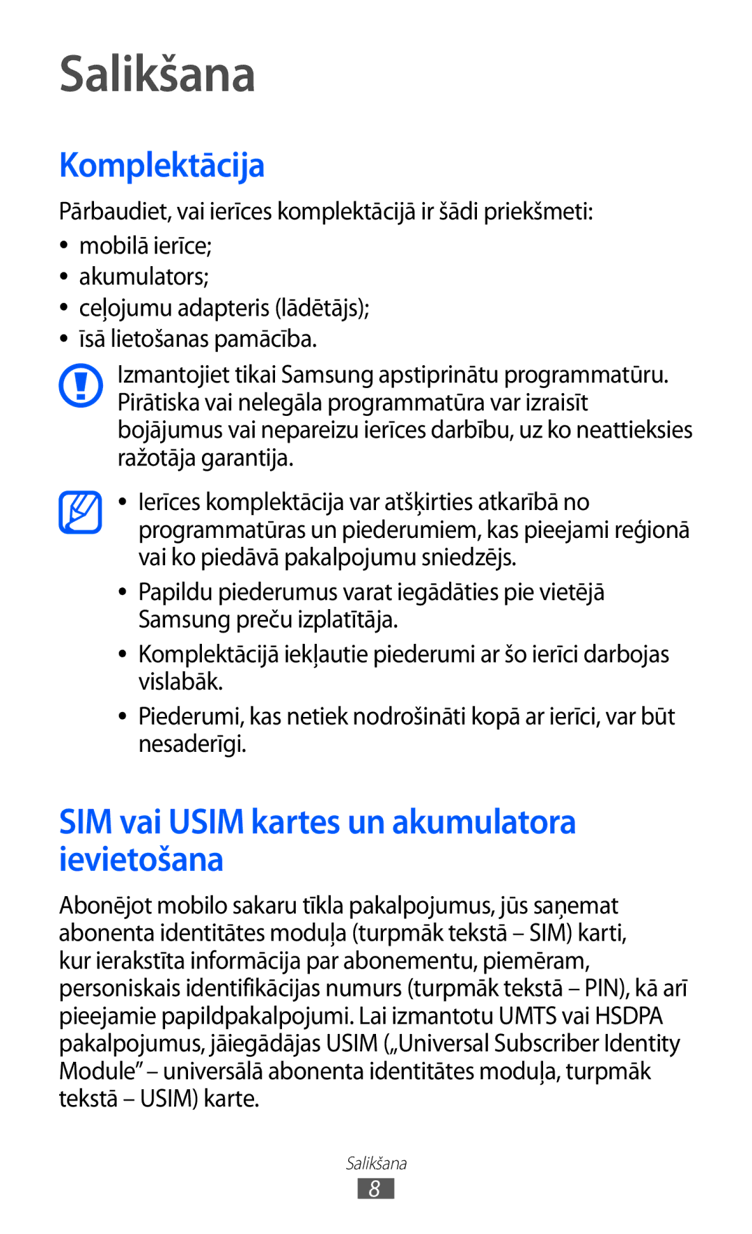 Samsung GT-C6712RWASEB, GT-C6712LKASEB manual Salikšana, Komplektācija, SIM vai Usim kartes un akumulatora ievietošana 