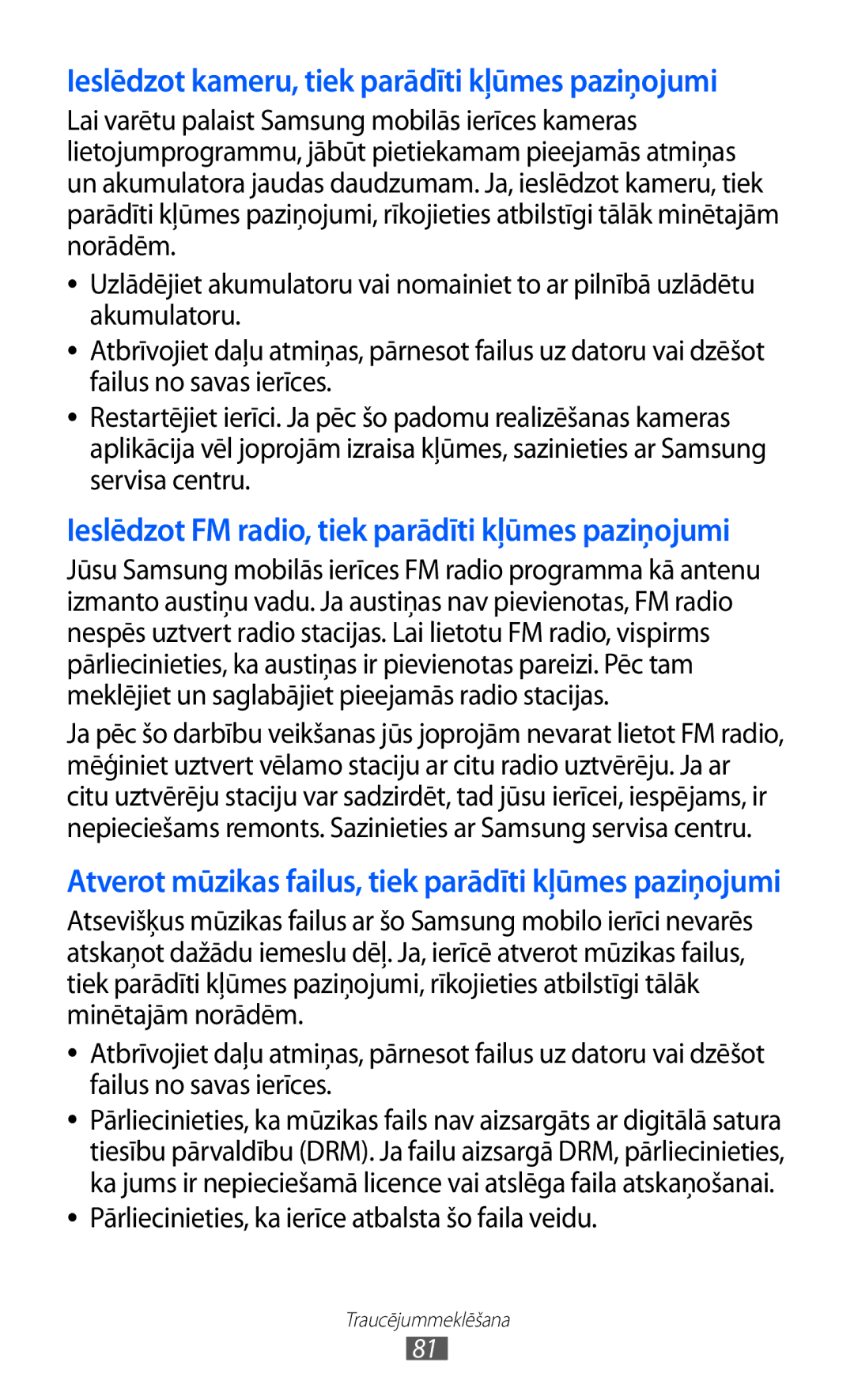 Samsung GT-C6712LKASEB, GT-C6712RWASEB manual Ieslēdzot kameru, tiek parādīti kļūmes paziņojumi 