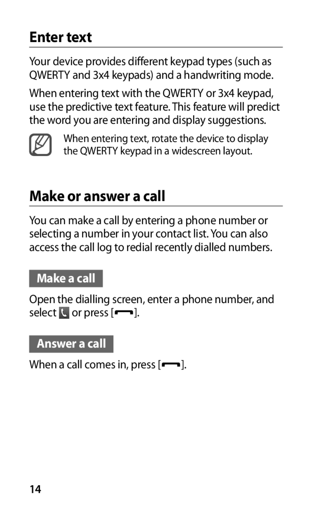 Samsung GT-C6712RWACYO, GT-C6712RWAXSK, GT-C6712LKAXEZ, GT-C6712RWAXEZ, GT-C6712LKAXSK manual Enter text, Make or answer a call 