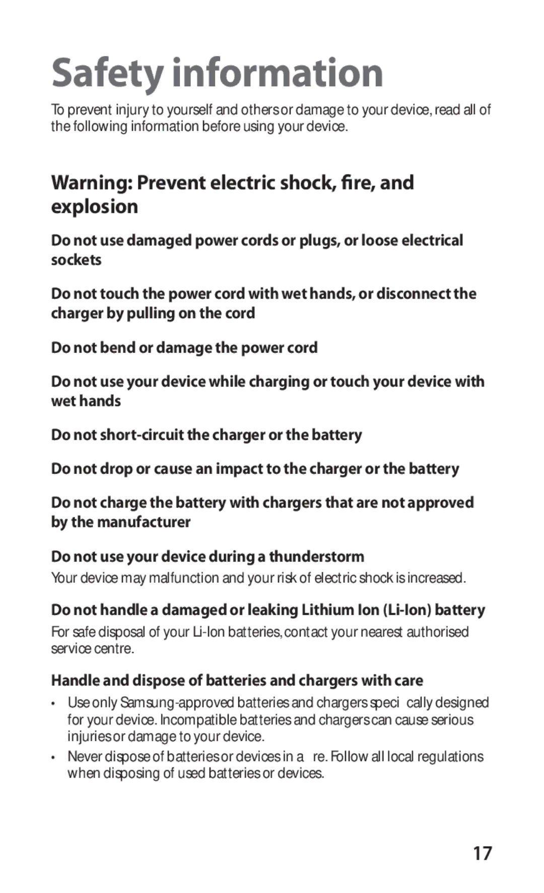 Samsung GT-C6712RWASER, GT-C6712RWAXSK manual Safety information, Handle and dispose of batteries and chargers with care 