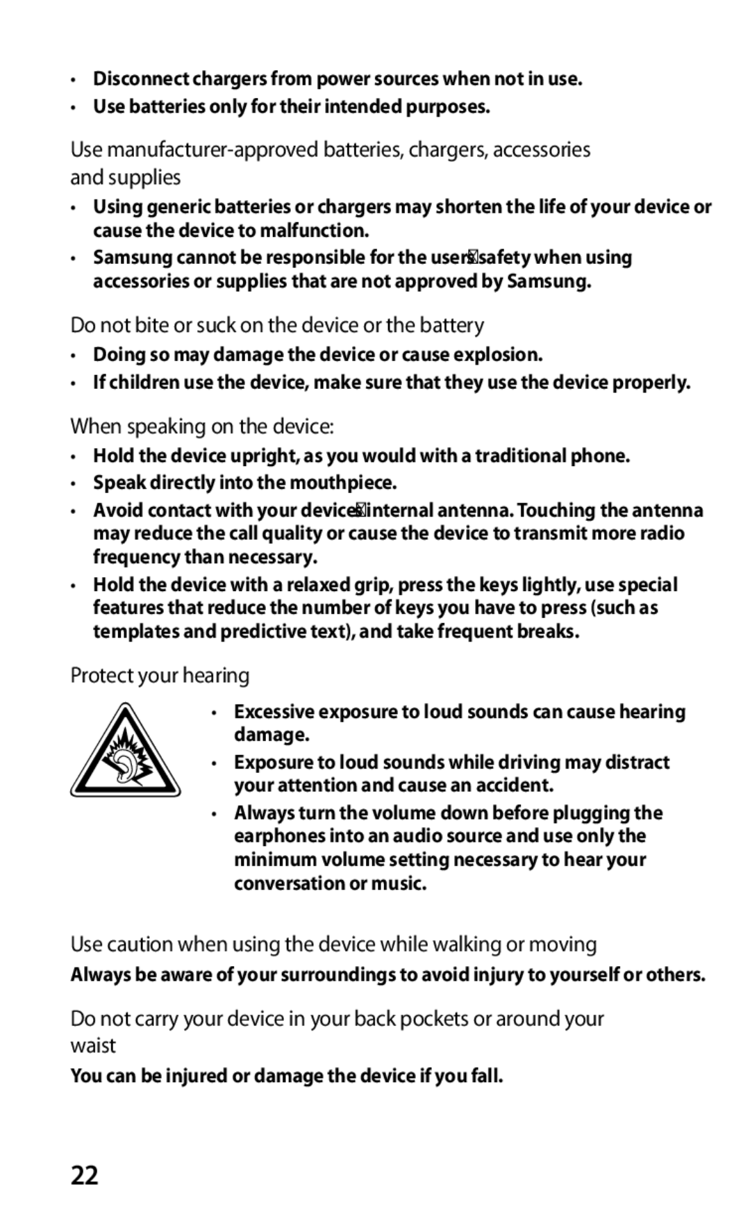 Samsung GT-C6712RWAXEZ Do not bite or suck on the device or the battery, When speaking on the device, Protect your hearing 