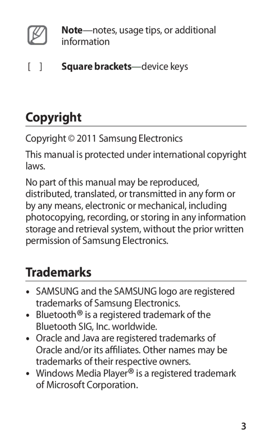 Samsung GT-C6712LKAXSK, GT-C6712RWAXSK, GT-C6712LKAXEZ, GT-C6712RWAXEZ Copyright, Trademarks, Square brackets -device keys 