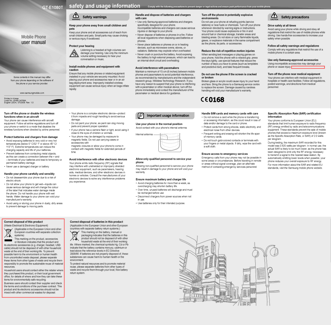 Samsung GT-E1080T user manual Keep your phone away from small children and pets, Protect your hearing 