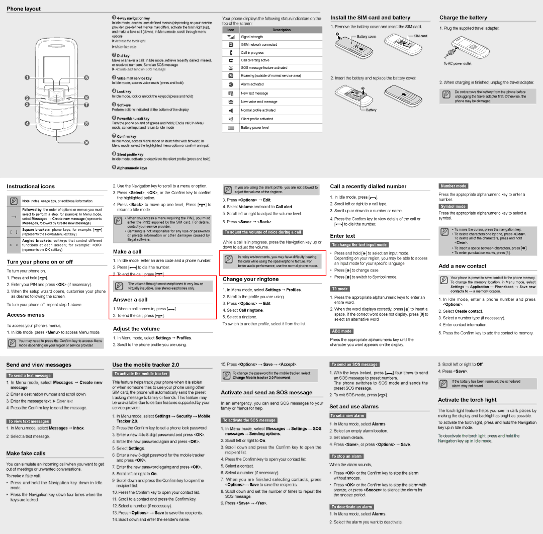 Samsung GT-E1080T Phone layout, Install the SIM card and battery, Charge the battery, Instructional icons, Access menus 