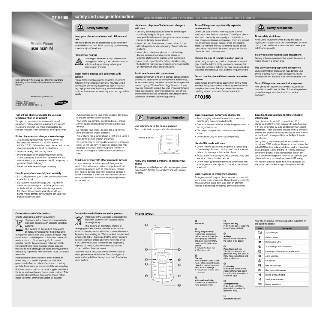 Samsung GT-E1160 user manual Phone layout 