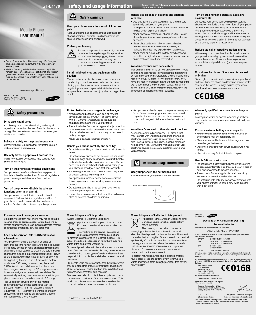 Samsung GT-E1170 user manual Keep your phone away from small children and pets, Protect your hearing 