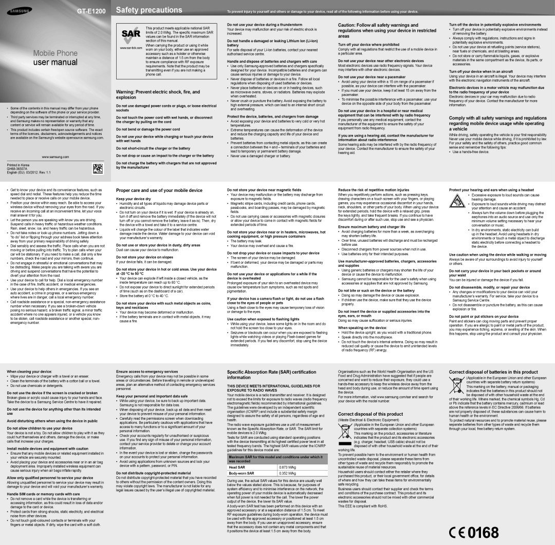 Samsung GT-E1200 user manual Handle and dispose of batteries and chargers with care, Turn off your device where prohibited 