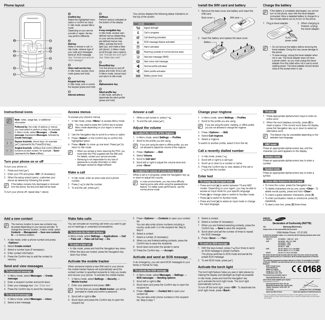 Samsung GT-E1200 Instructional icons, Turn your phone on or off, Access menus, Make a call, Answer a call, Enter text 