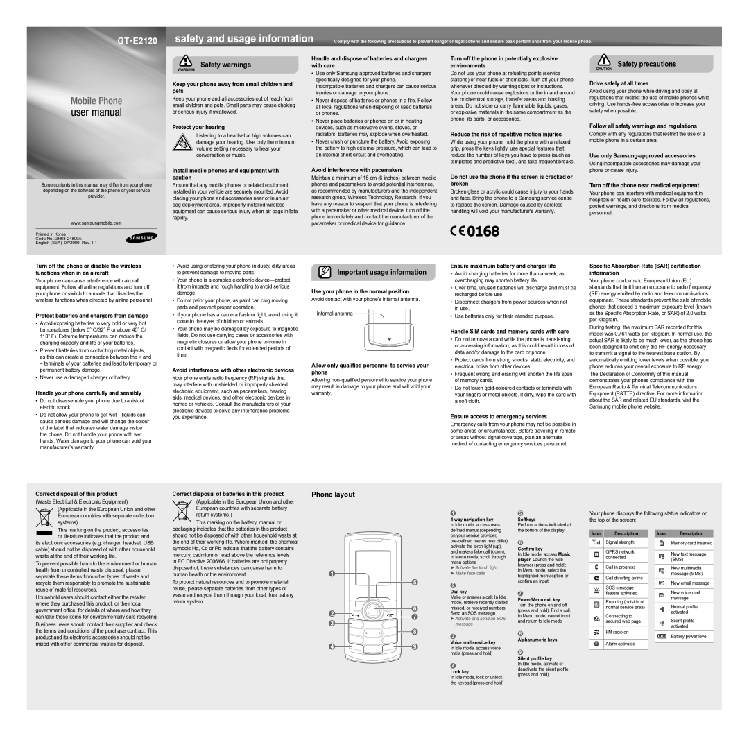 Samsung GT-E2120 user manual Phone layout 