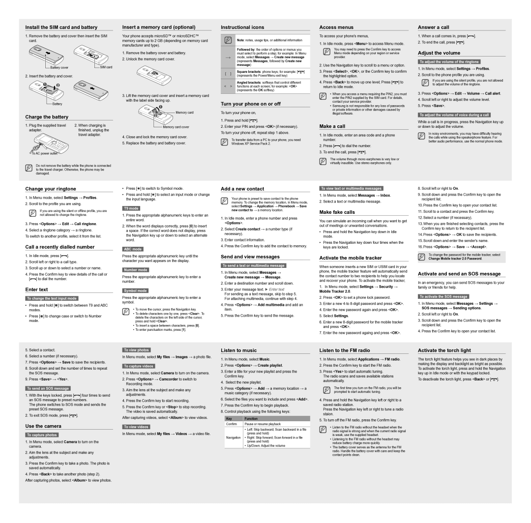 Samsung GT-E2120 Install the SIM card and battery, Charge the battery, Insert a memory card optional, Instructional icons 