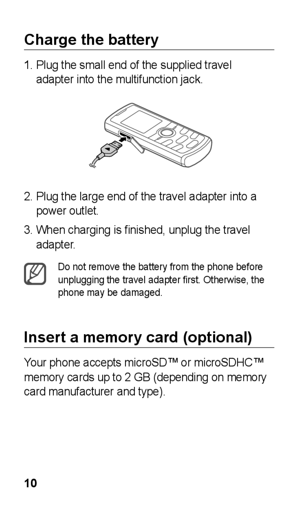 Samsung GT-E2121B user manual Charge the battery, Insert a memory card optional 