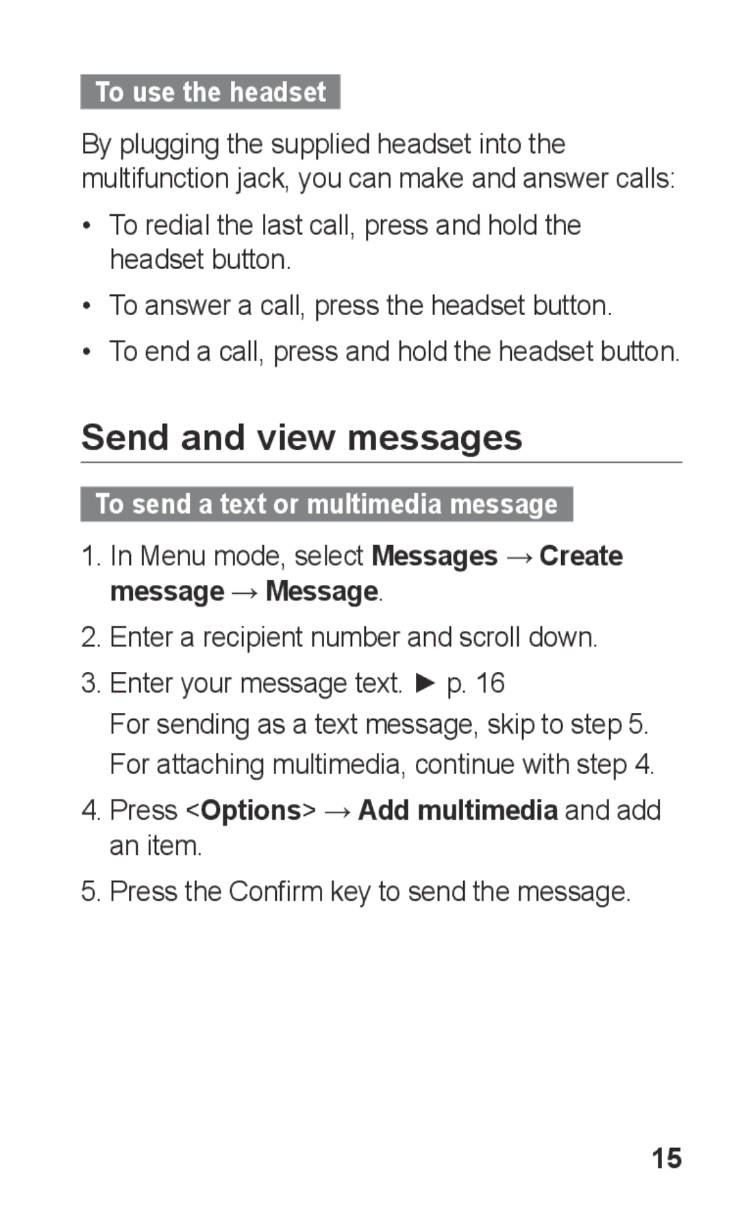 Samsung GT-E2121B user manual Send and view messages, To use the headset, To send a text or multimedia message 