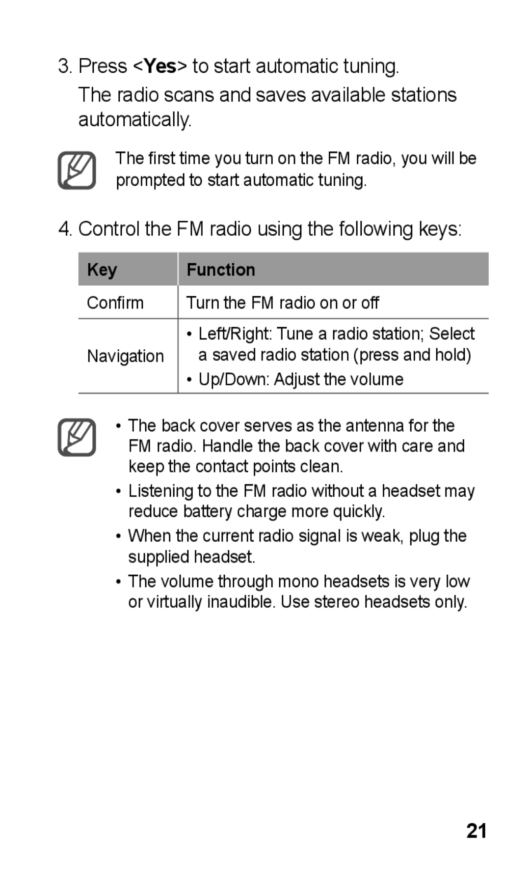 Samsung GT-E2121B user manual Control the FM radio using the following keys 