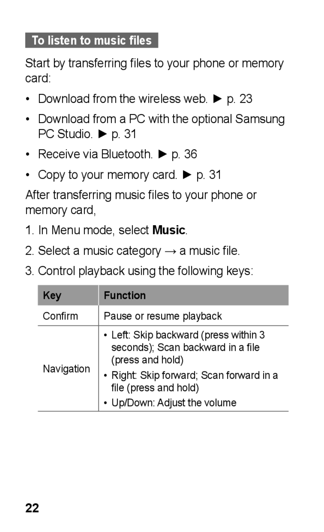 Samsung GT-E2121B user manual To listen to music files 