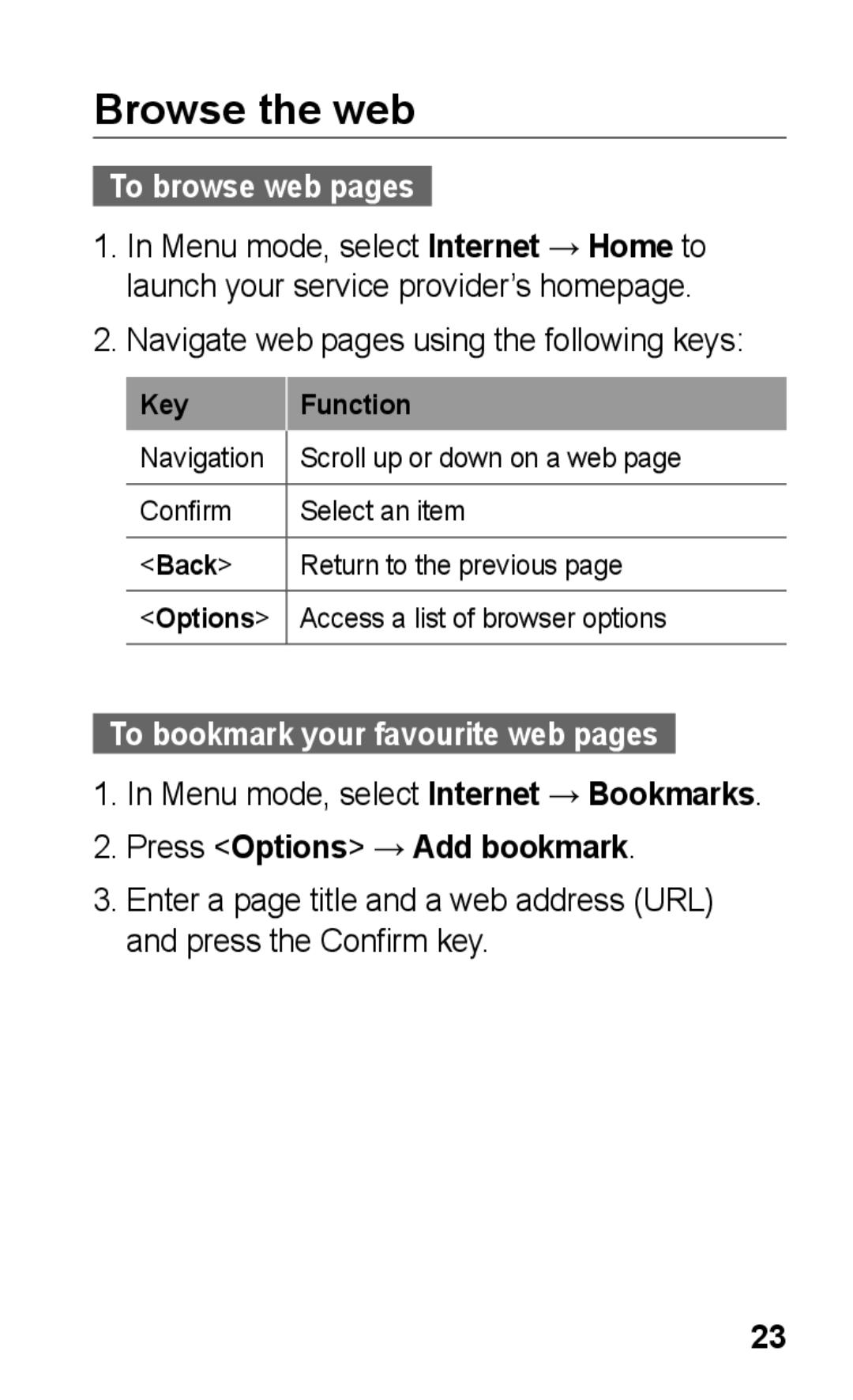 Samsung GT-E2121B Browse the web, To browse web pages, To bookmark your favourite web pages, Press Options → Add bookmark 