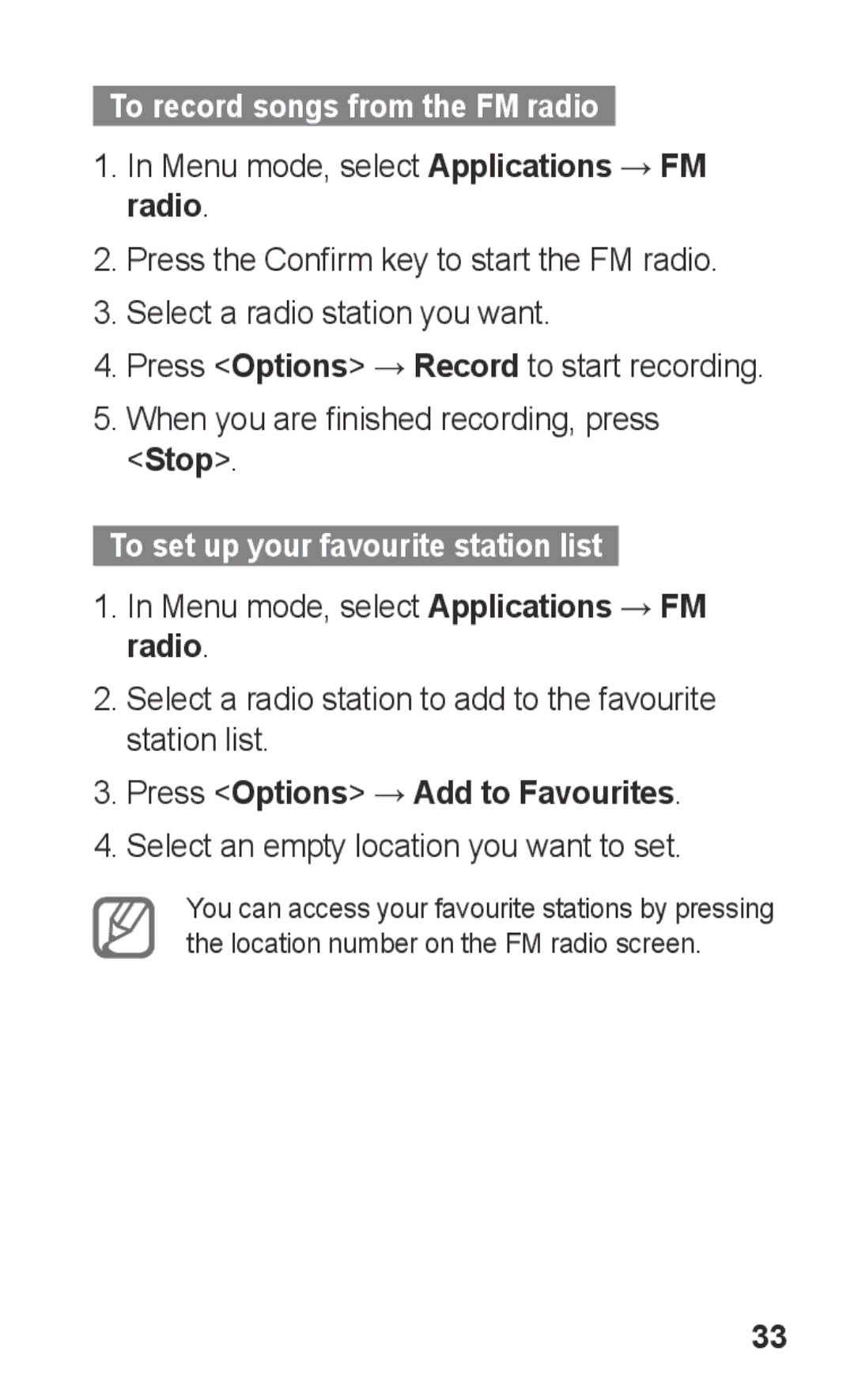 Samsung GT-E2121B user manual To record songs from the FM radio, Stop, To set up your favourite station list 