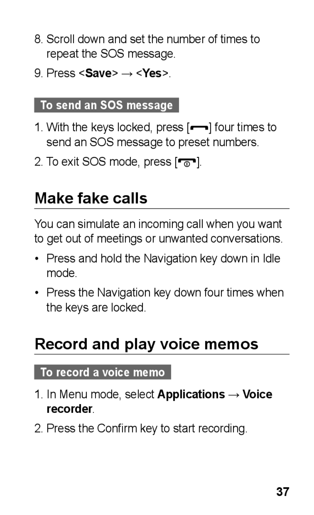 Samsung GT-E2121B user manual Make fake calls, Record and play voice memos, To record a voice memo 