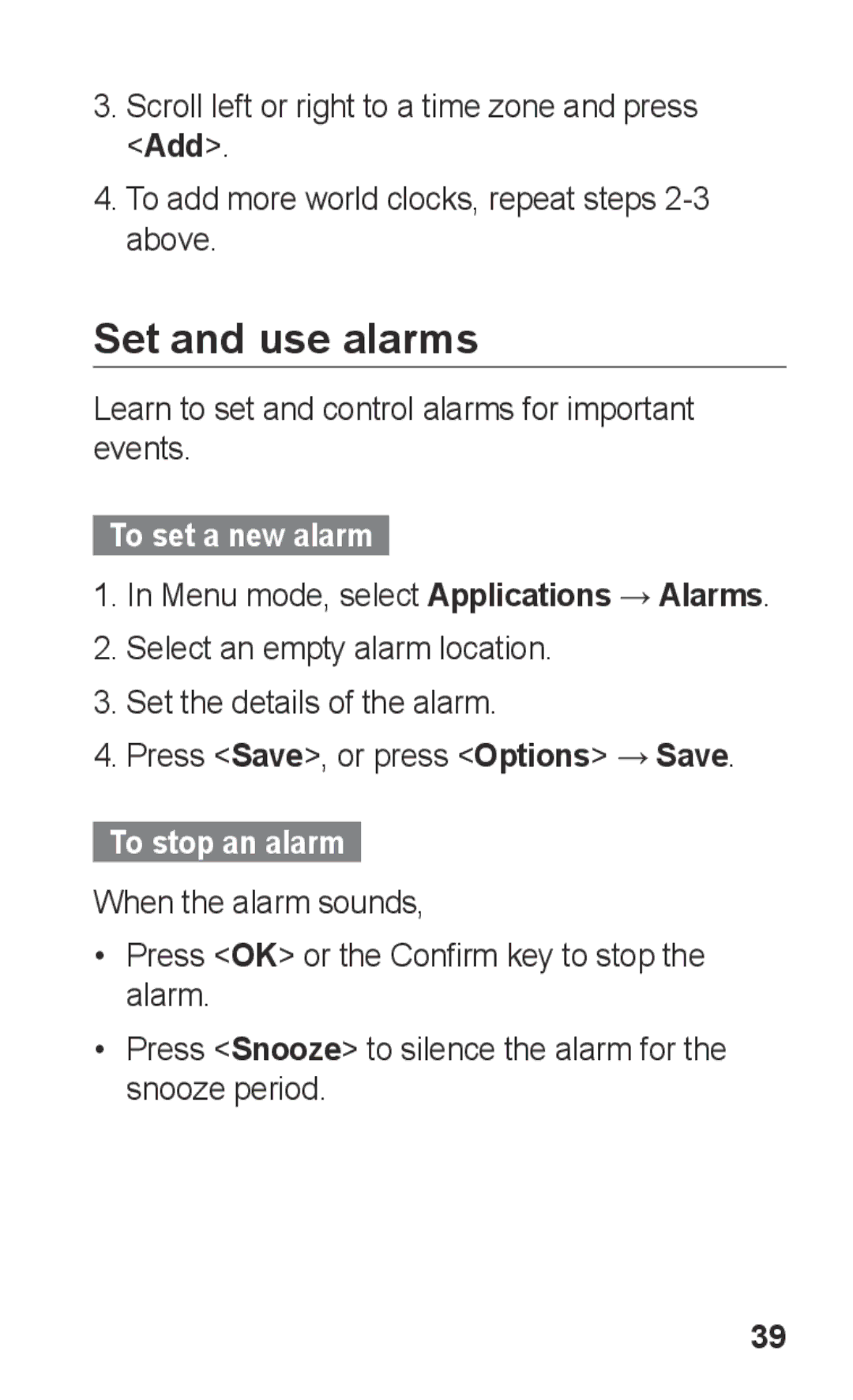 Samsung GT-E2121B user manual Set and use alarms, To set a new alarm, To stop an alarm 