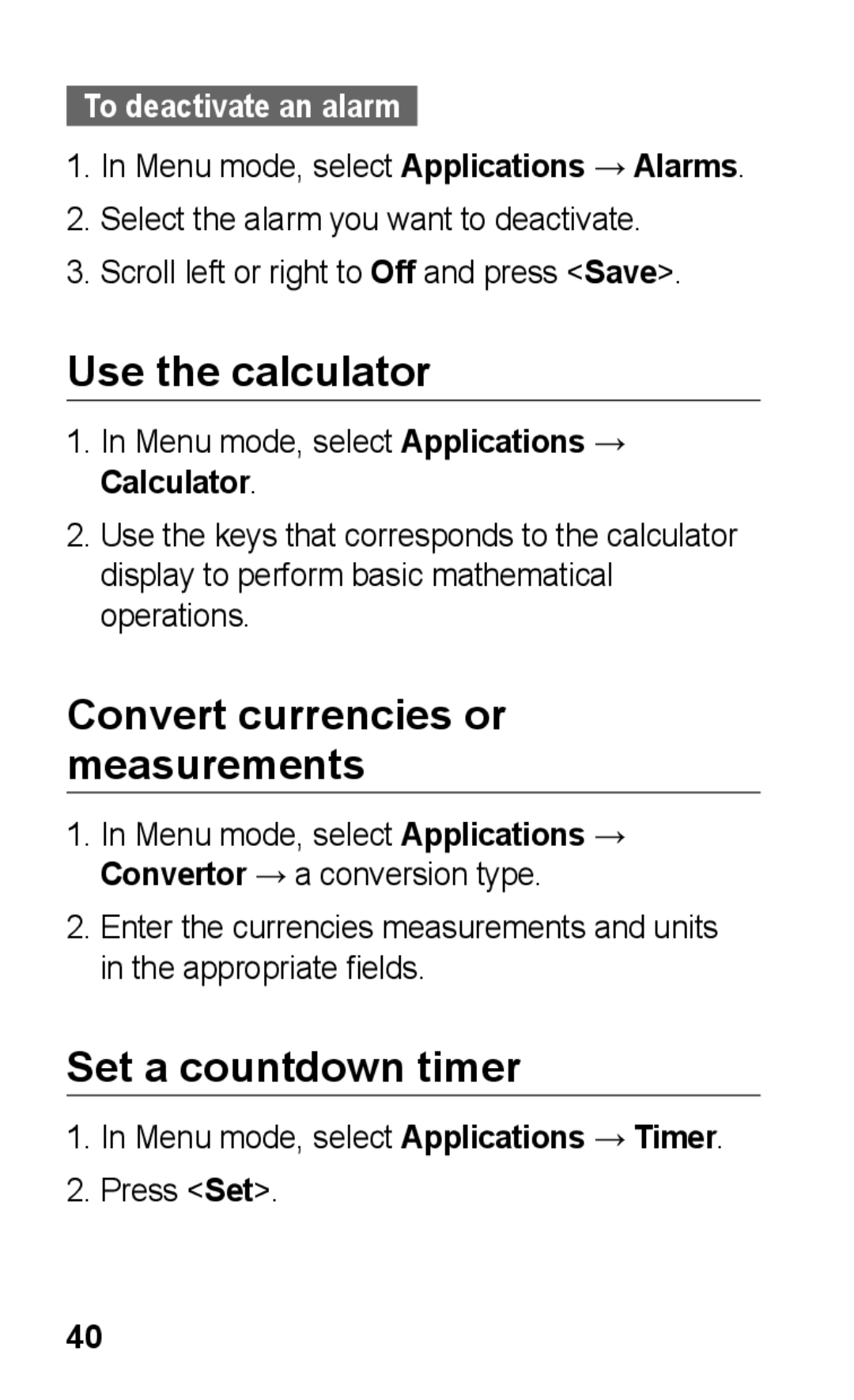 Samsung GT-E2121B Use the calculator, Convert currencies or measurements, Set a countdown timer, To deactivate an alarm 