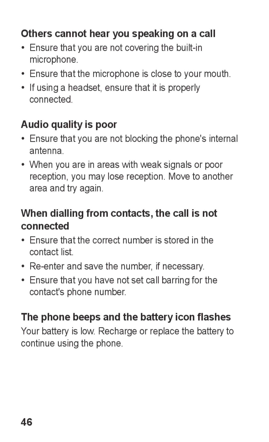 Samsung GT-E2121B user manual Others cannot hear you speaking on a call, Audio quality is poor 