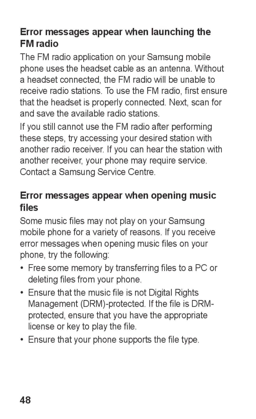 Samsung GT-E2121B Error messages appear when launching the FM radio, Error messages appear when opening music files 