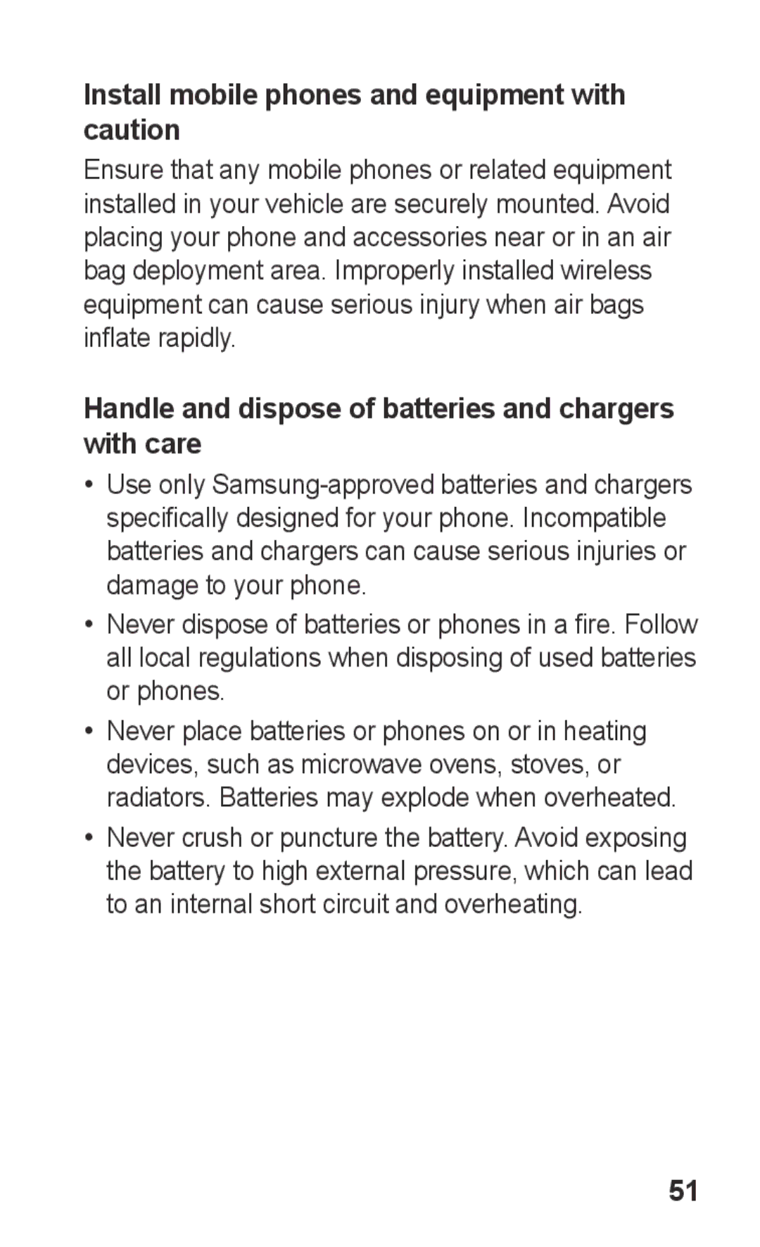 Samsung GT-E2121B Install mobile phones and equipment with caution, Handle and dispose of batteries and chargers with care 