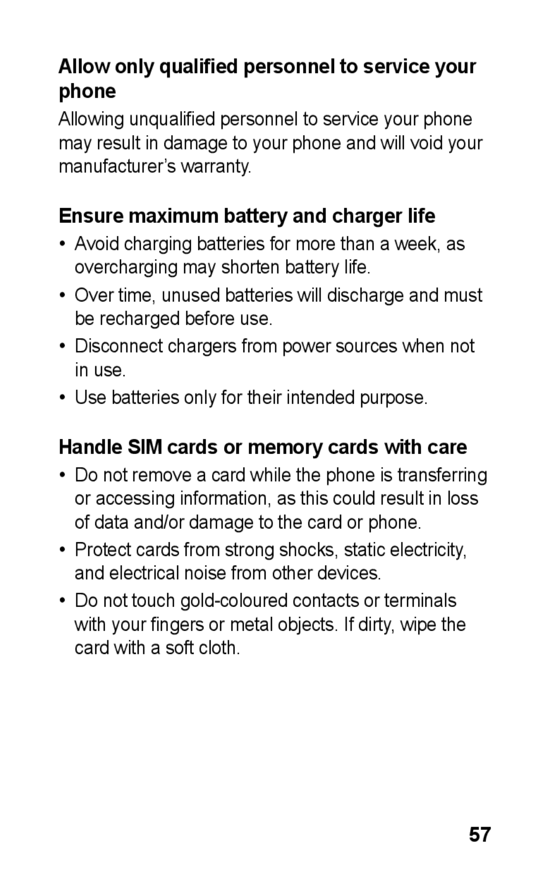 Samsung GT-E2121B user manual Allow only qualified personnel to service your phone, Ensure maximum battery and charger life 