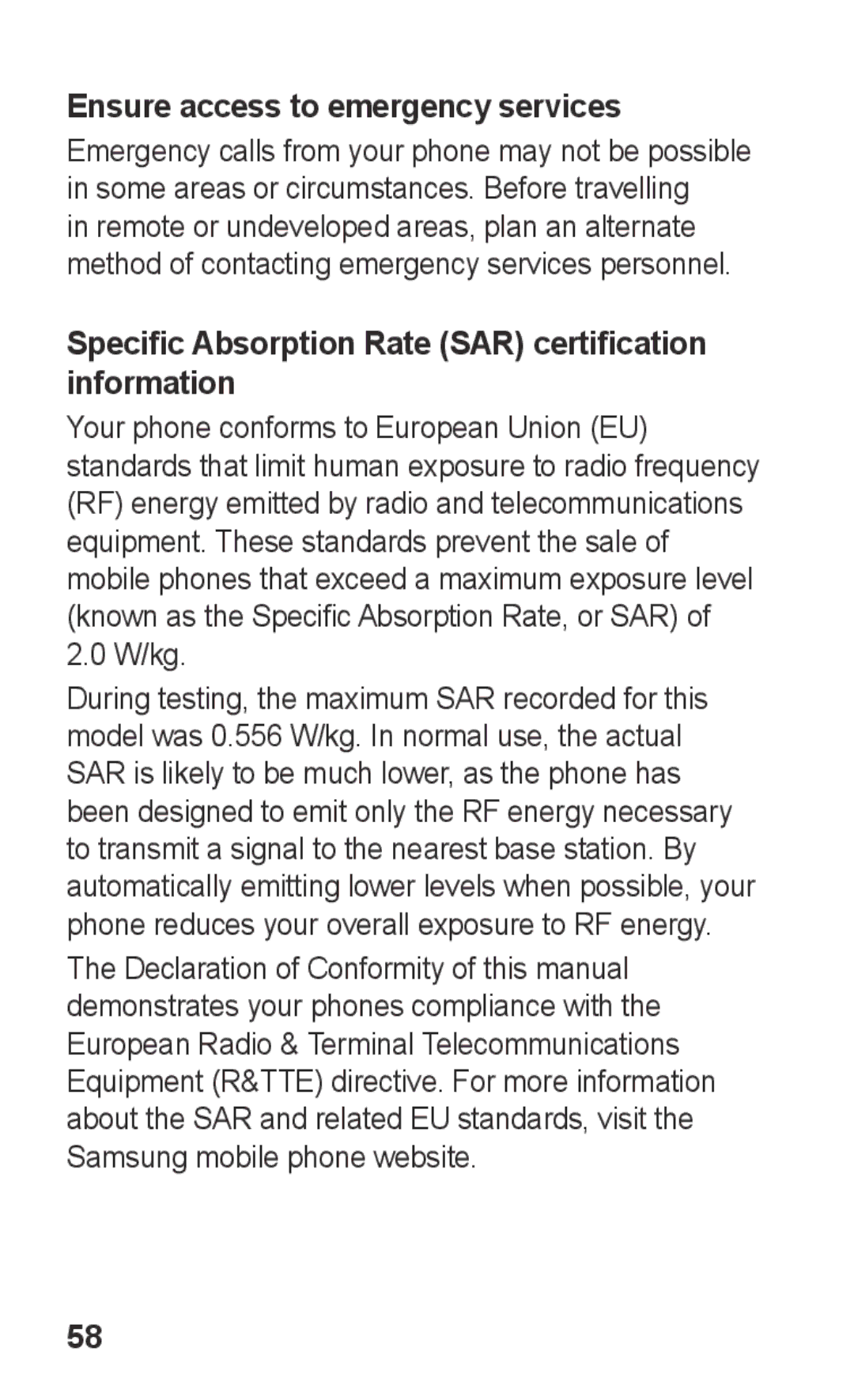 Samsung GT-E2121B user manual Ensure access to emergency services, Specific Absorption Rate SAR certification information 